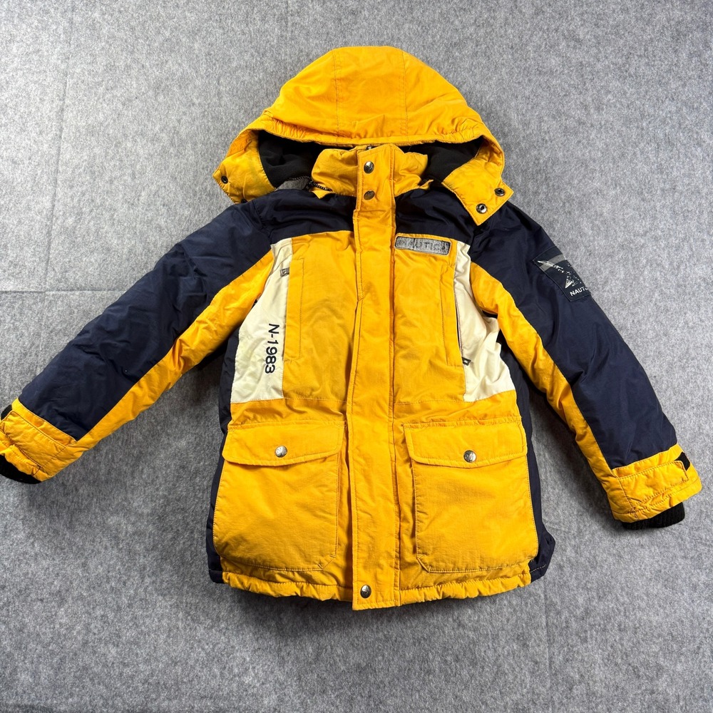 Nautica Boys Yellow Navy Colorblock Fleece Lined Hooded Puffer Parka Jacket S 8‎